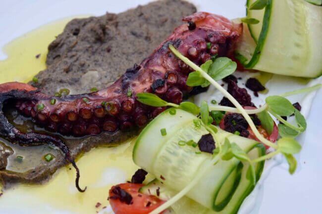 Grilled octopus tentacle served with cucumber ribbons, microgreens, tomatoes, and creamy black bean puree.