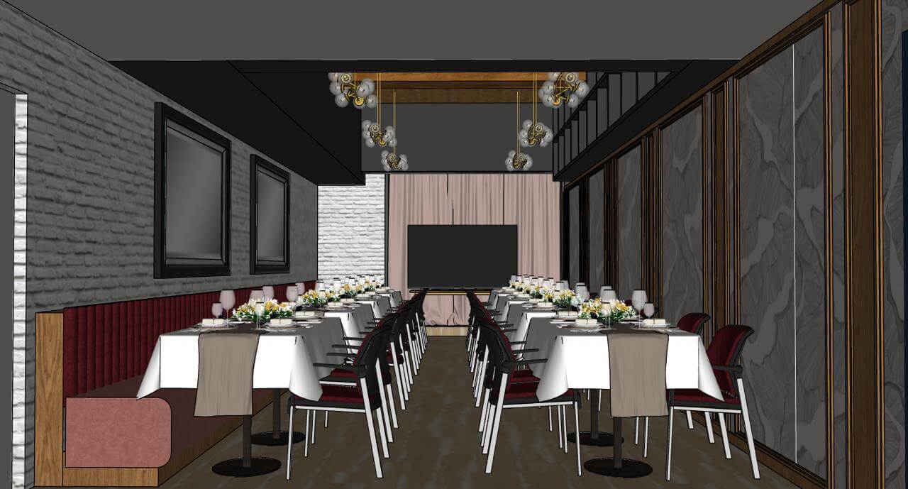 Private_room Private dining room setup with long banquet tables, elegant décor, and modern interior at Blu Ristorante