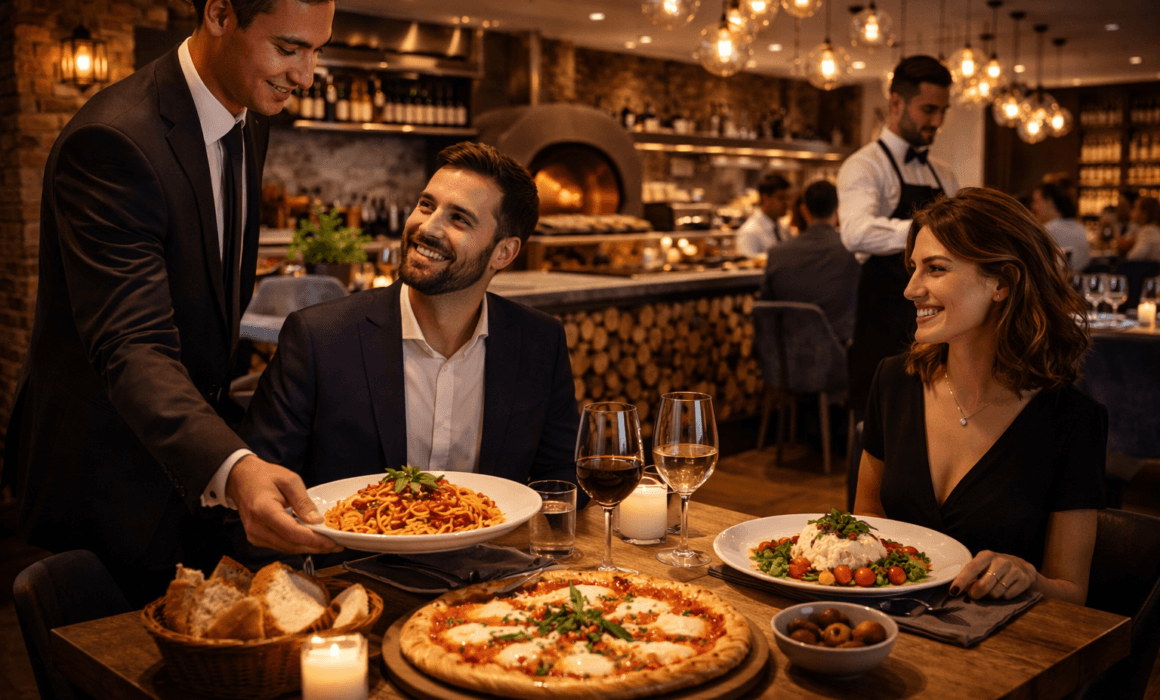 Couple dining with wine and Italian dishes