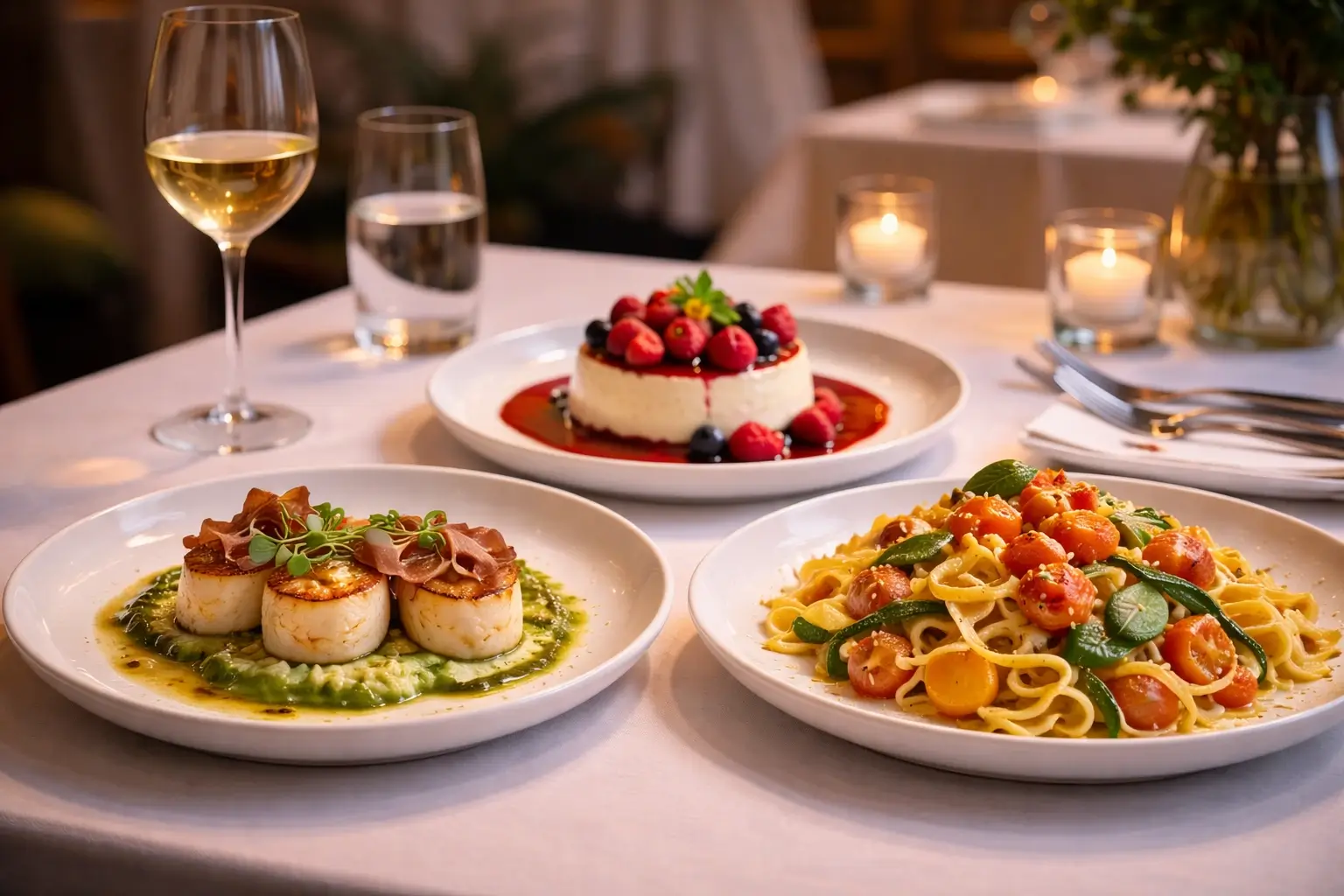 Elegant Summerlicious dessert and pasta with wine