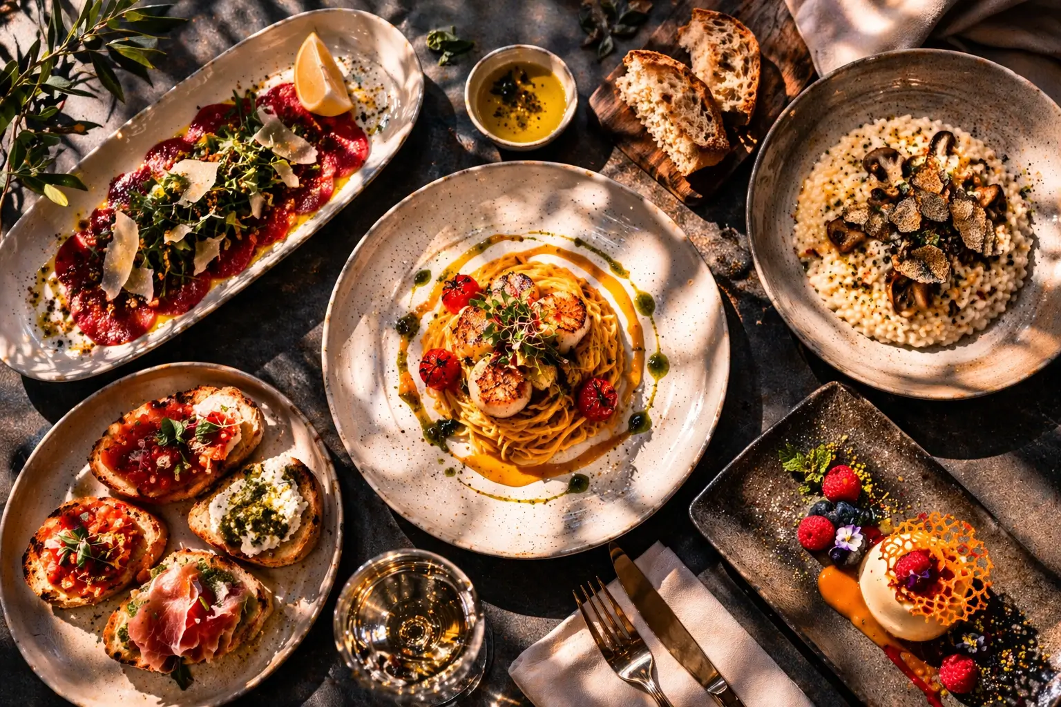 Gourmet Italian cuisine with risotto, pasta and appetizers