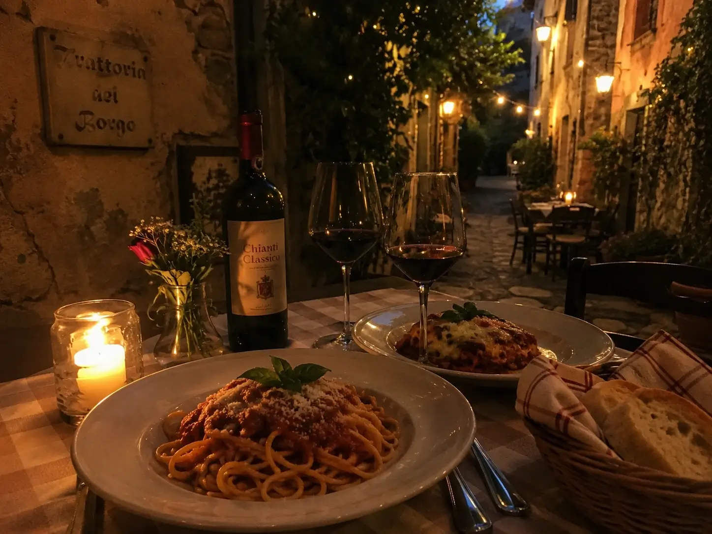 Romantic Italian dinner with wine and pasta