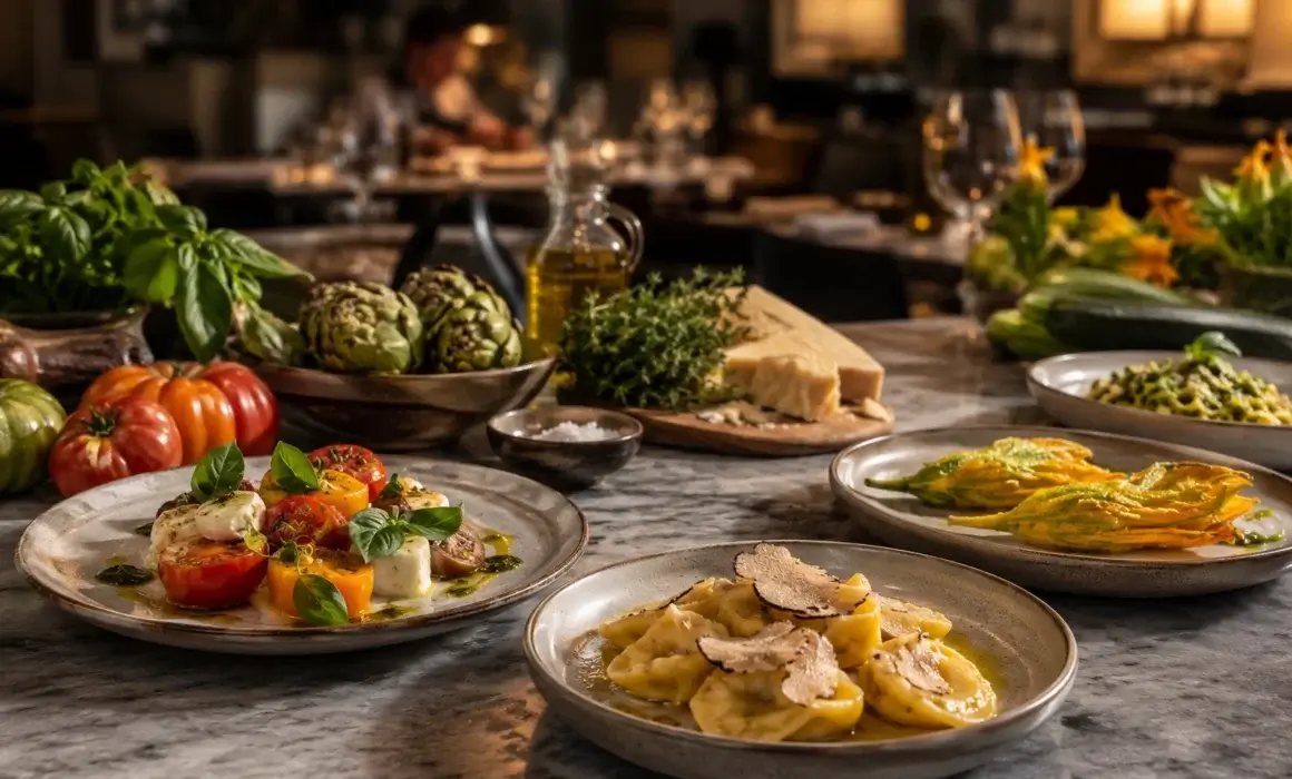 Elegant Italian dishes with fresh basil, tomatoes and truffle pasta