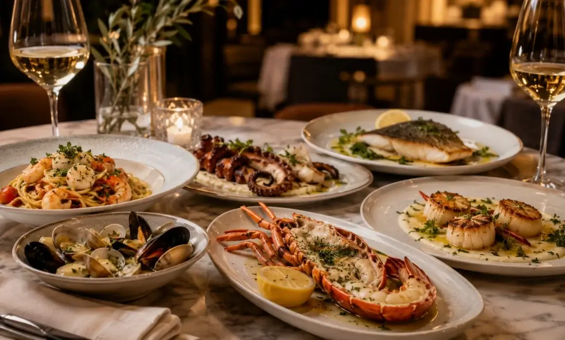 Fresh seafood dishes with lobster, scallops, clams and grilled fish