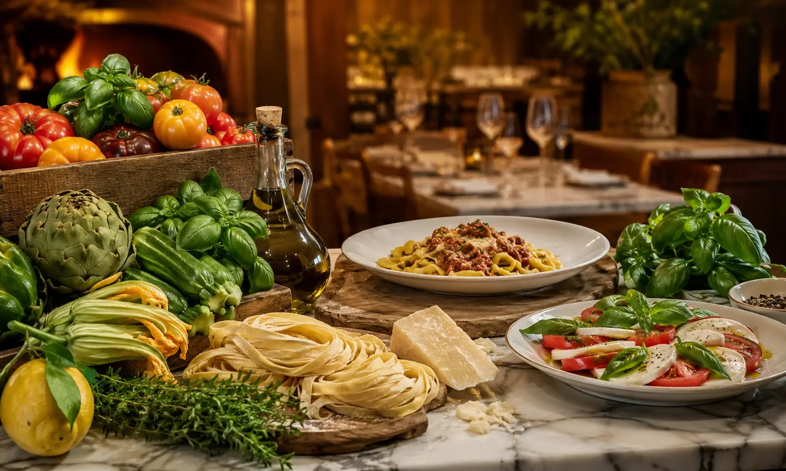 Italian restaurant table with fresh pasta, vegetables and herbs
