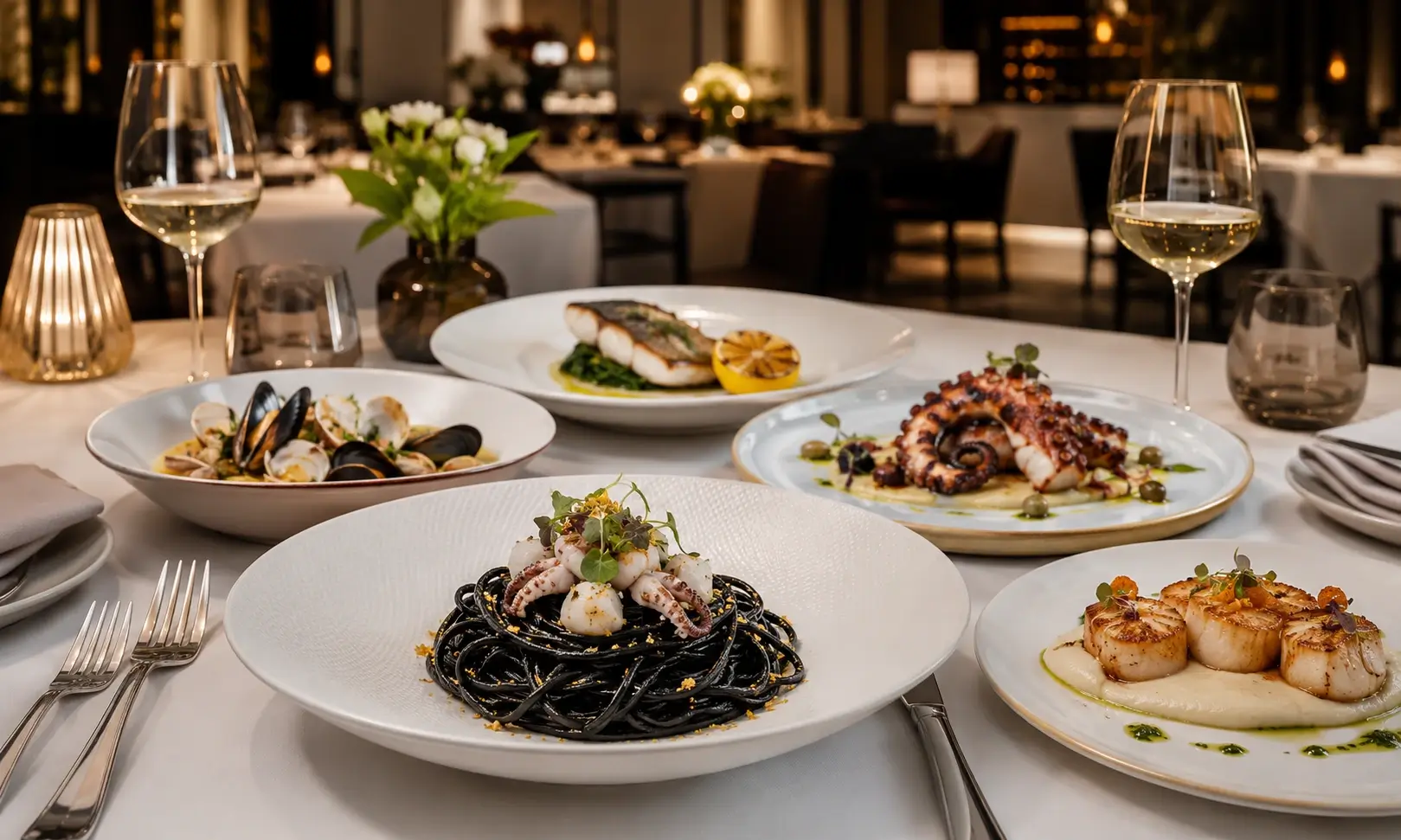 Seafood fine dining table with shellfish, grilled fish and wine glasses
