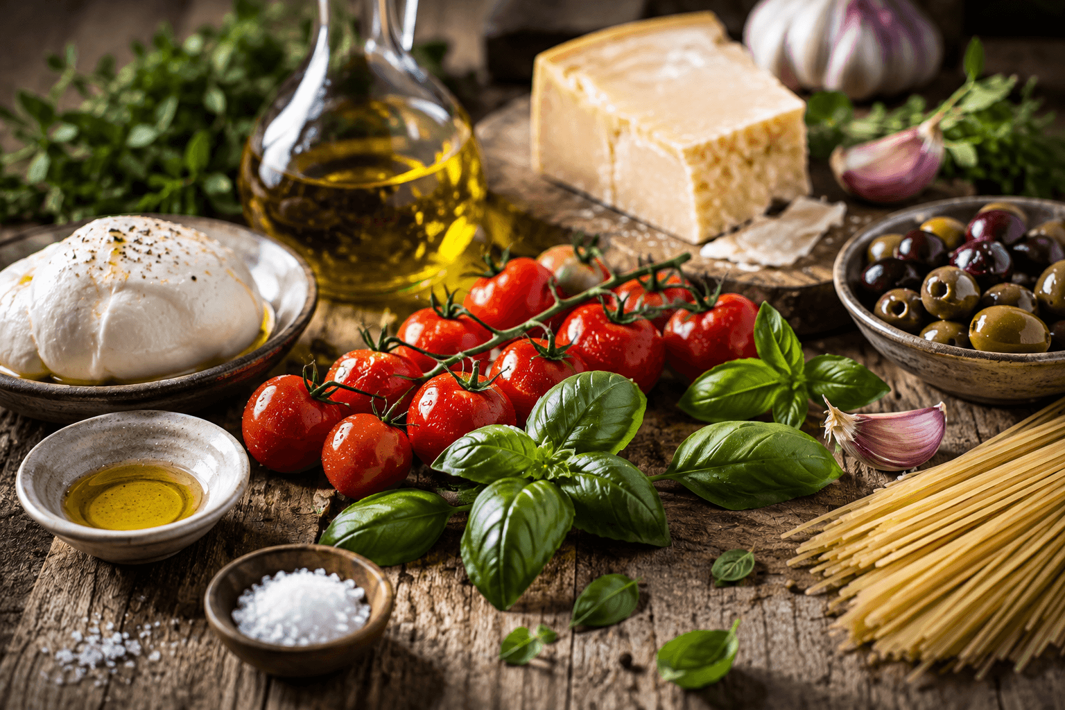 Fresh Italian ingredients including tomatoes, basil, olive oil, Parmesan cheese, garlic, and olives