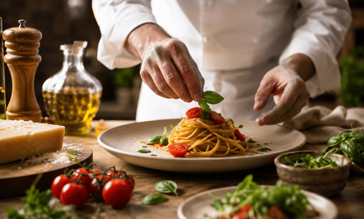 Italian gourmet cuisine featuring freshly prepared pasta with tomatoes, basil, olive oil, and Parmesan cheese