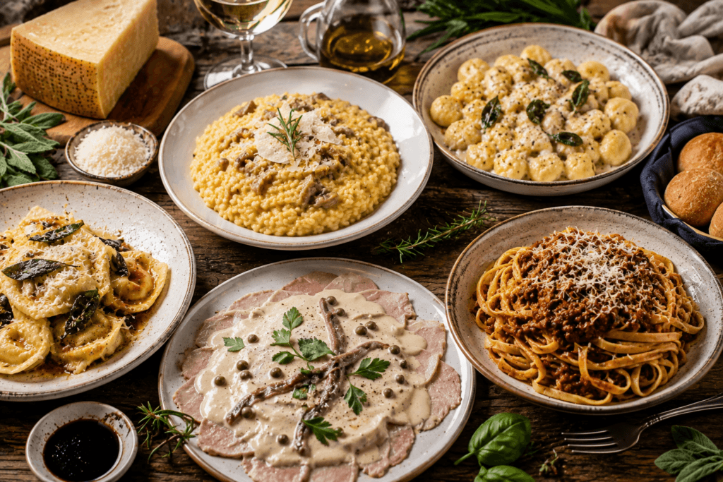 Popular Northern Italian dishes including risotto, ravioli, gnocchi, and tagliatelle