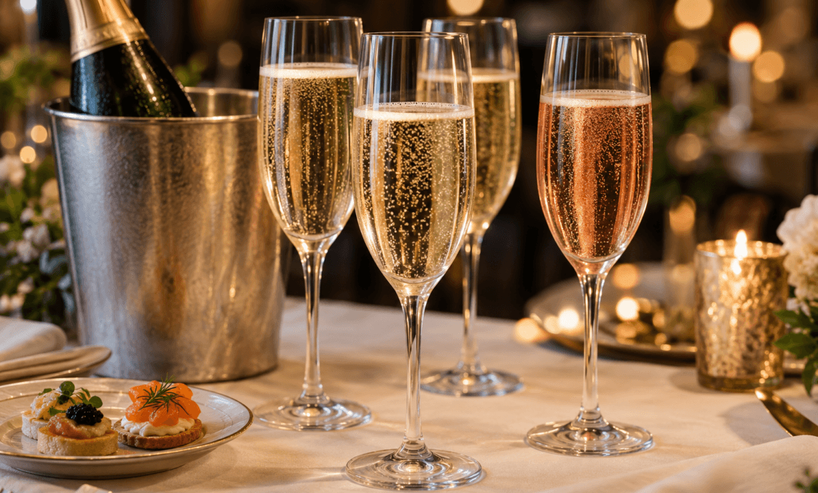 Selection of sparkling wines in champagne flutes with bottle and appetizers for a celebration