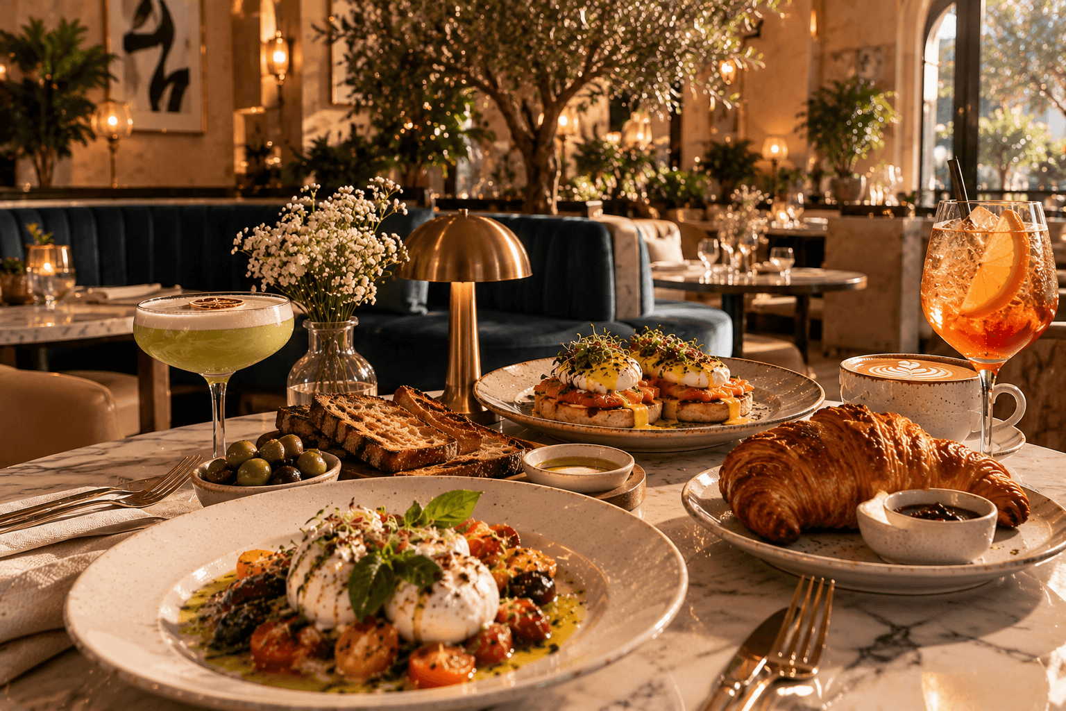 Outdoor-style brunch table featuring avocado toast, berry pancakes, croissants, coffee, and fresh drinks with a view of the Toronto skyline.