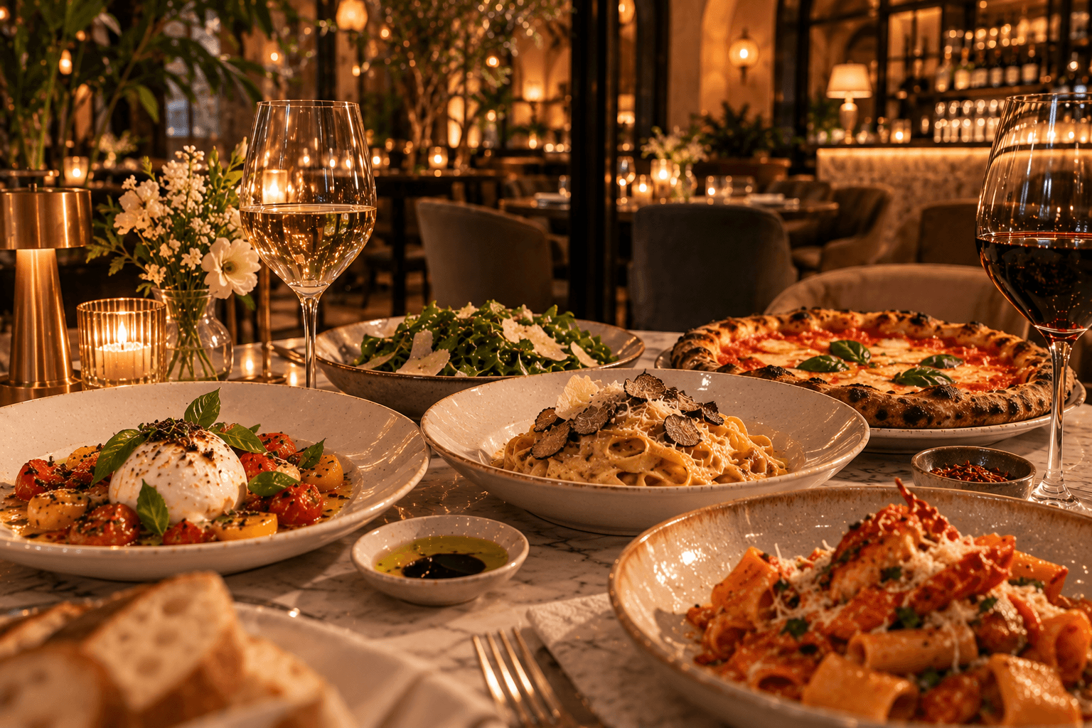 Elegant Italian restaurant in Toronto with candlelit tables, burgundy seating, fine wine, and beautifully presented dishes for a special occasion.