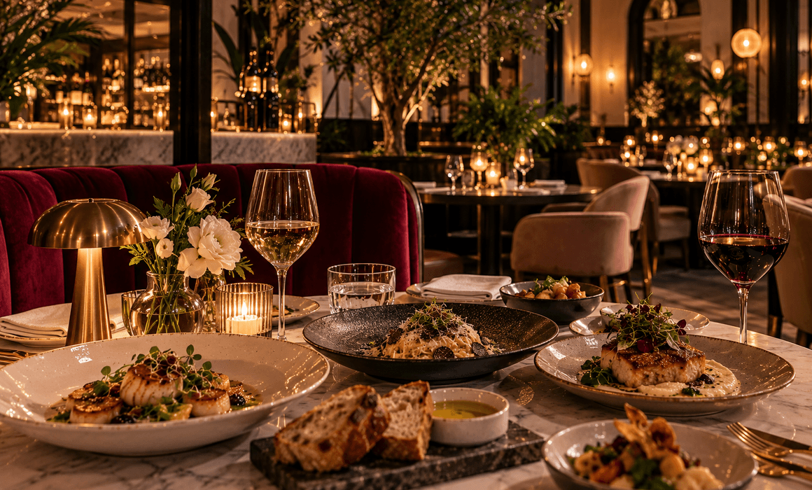 Italian fine dining spread at a fancy Toronto restaurant featuring fresh pasta, pizza, burrata, wine, and elegant candlelit table settings.