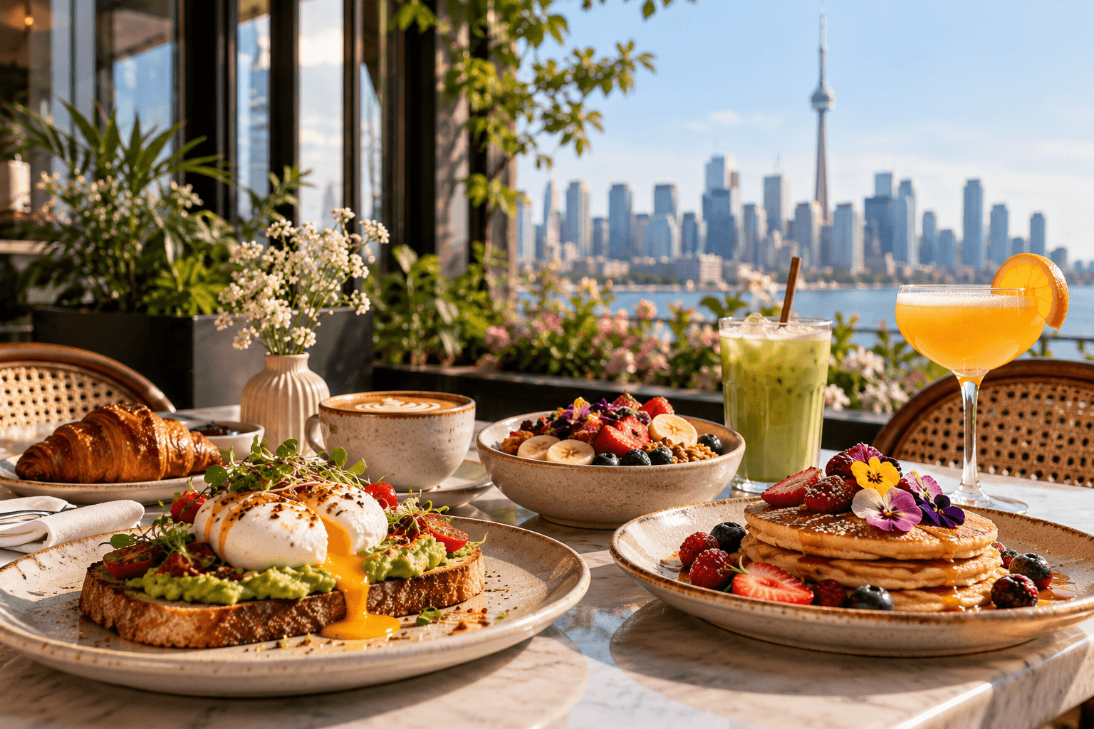 Toronto brunch spread featuring avocado toast with burrata, fresh pastries, coffee, and a matcha drink, with the city skyline in the background.